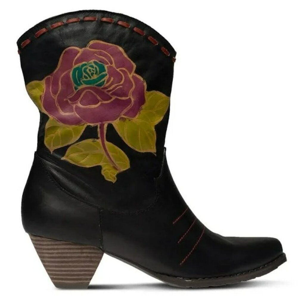 L’Artiste Hand-Painted Cowboy Boots With Rose Design Women Size 39 Black Leather